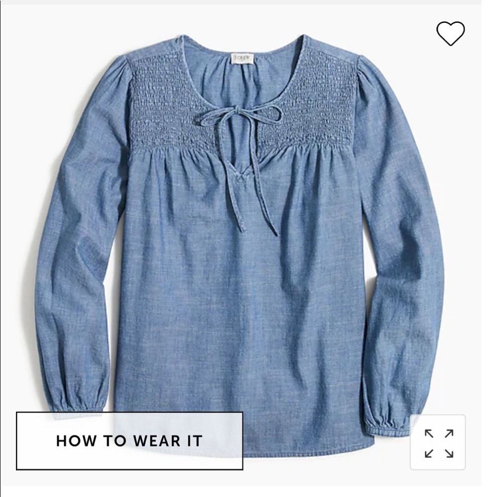 J.Crew Denim tie-neck smocked top Sz L
